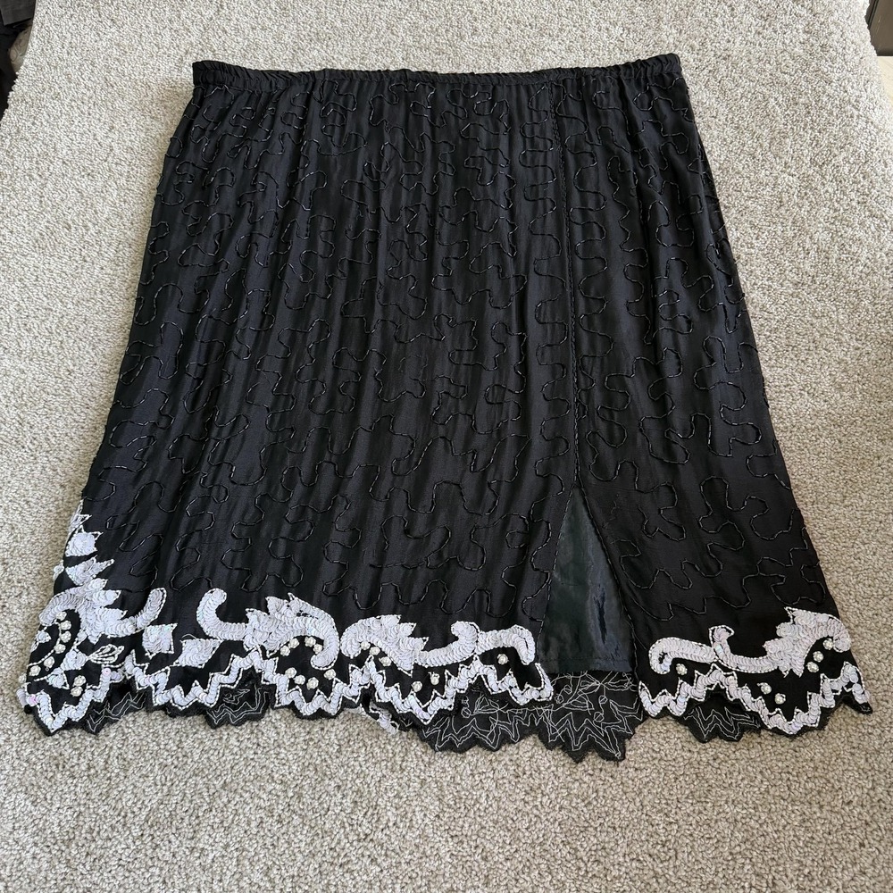 GUNITT Skirt Womens 16 Black Beaded Sequin Lace Hem Silk Midi Formal Party